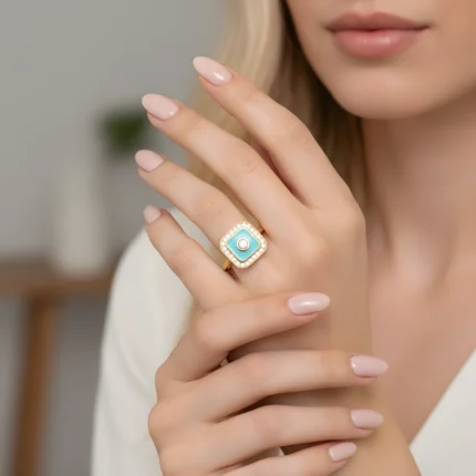 Turkuaz Mineli Swarovski Taşlı Modern Kare Form Yüzük